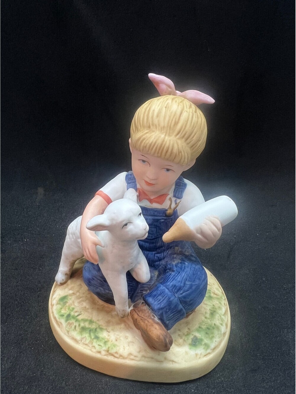 Home Interiors Denim Daycare Boy Feeding Lamb Figurine 1998 Collectible